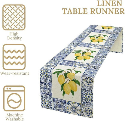 Yellow Lemon Table Runner, Blue Tiles Summer Holiday Tasty Fruit Healthy Fruit Vintage Watercolor Rustic Botanic Table Cover for Party Picnic Dining Room Kitchen, 13x70inch