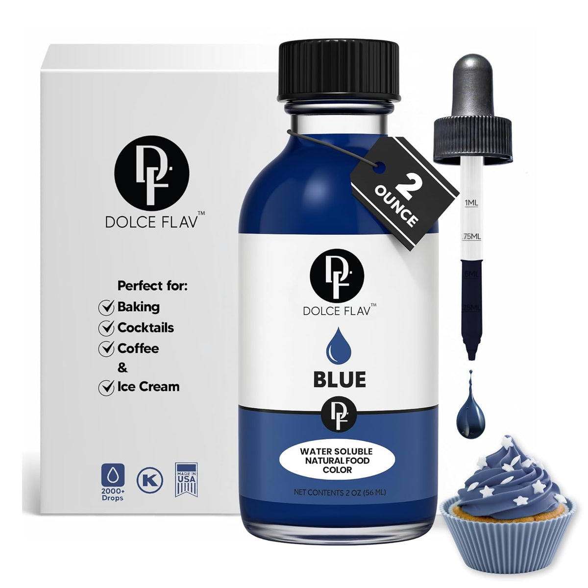Dolce Flav Natural Blue Food Coloring – 2 oz Vibrant Plant-Based Color from Spirulina, Water-Soluble Liquid Dye for Baking, Drinks & Frostings