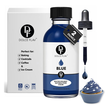 Dolce Flav Natural Blue Food Coloring – 2 oz Vibrant Plant-Based Color from Spirulina, Water-Soluble Liquid Dye for Baking, Drinks & Frostings