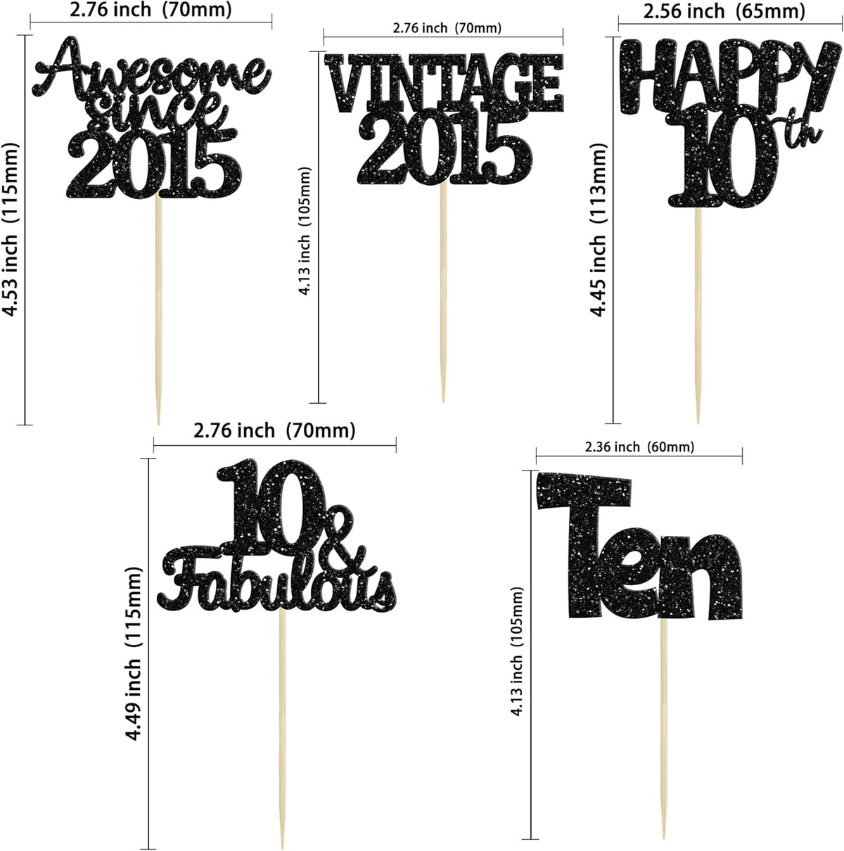 Gyufise 30Pcs Vintage 2015 Cupcake Toppers Glitter Ten Happy 10th Cupcake Picks Cheers to 10 Years Birthday Cake Decorations for Happy 10th Birthday Anniversary Party Supplies Black