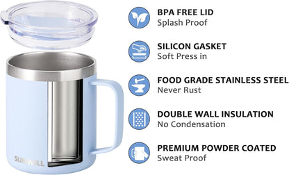 Sunwill Travel Coffee Mugs Set of 4, Insulated Tumbler with Lid, 14 oz Stainless Steel Cup with Handle Bulk for Gift, Camping, Office