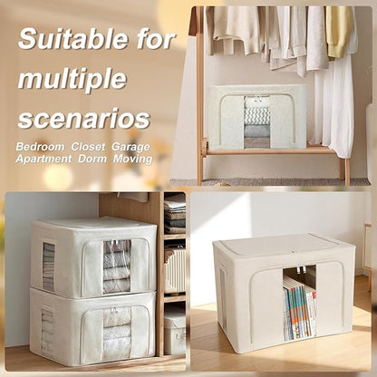 Amiya Clothes Storage Bins with Metal Frame,3-Pack Foldable Linen Fabric Storage Box with Lids, Stackable Organization and Storage Bins with Clear Window,Zippers,Handles(Beige,66L)