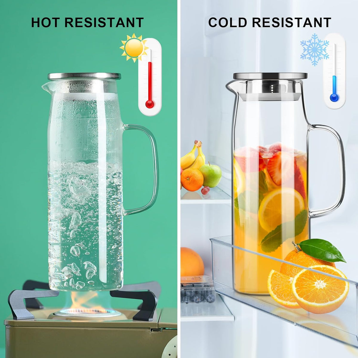 Paracity Glass Pitcher with Lid and Spout 50oz/ 1.5L, Hot/Cold Water Pitcher, Iced Tea Pitcher for the Shelf of Fridge, Easy to Clean