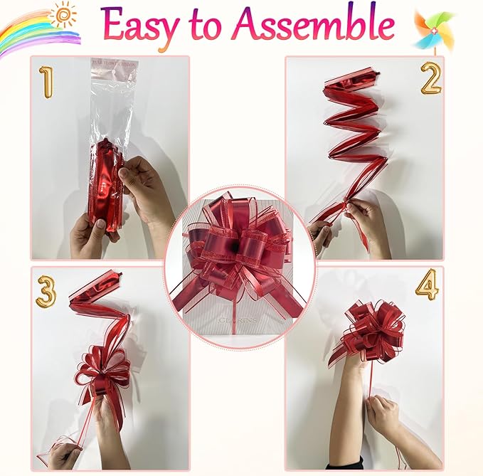 10 Pack Large Pull Bows with Ribbon, Gift Wrap Bows for Wedding, Parties & Presents (Red)