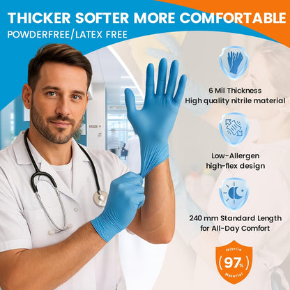6 mil Disposable Nitrile Gloves, Heavy Duty Disposable Glove, Cooking Gloves, Latex Free, Powder Free (Blue of 1000, Large)