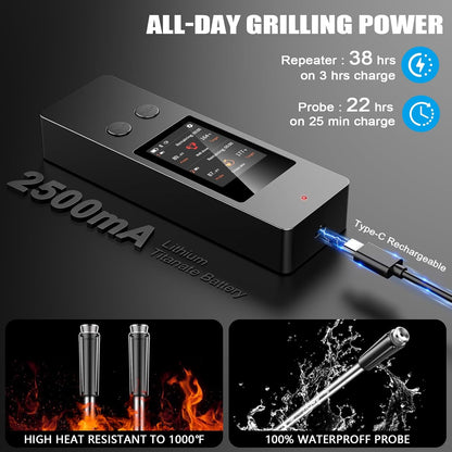 Smart Wireless Meat Thermometer, []，2 Upgraded Ultra-Thin Probe，No App＆Large HD Touch Screen，800FT Range，1000°F Heat Safe,IP67 Waterproof