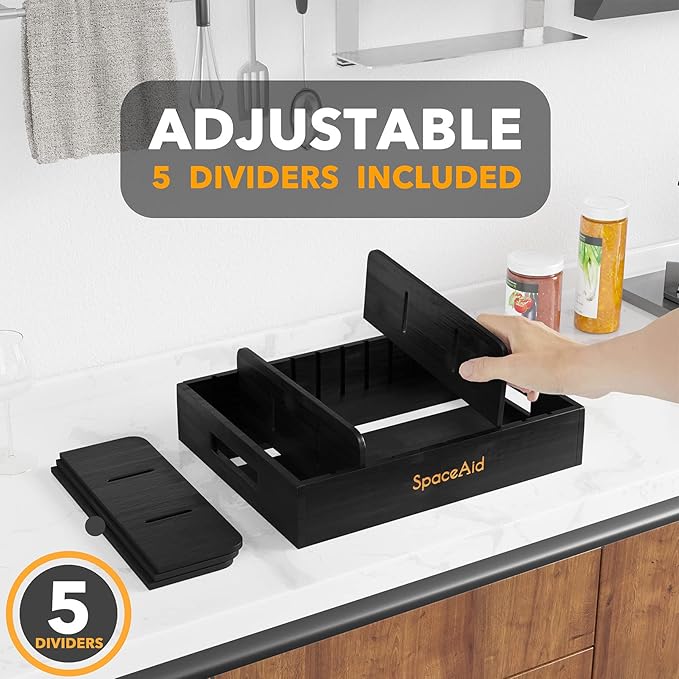 SpaceAid Bamboo Lid Organizer, Kitchen Pantry Lids Holder with 5 Adjustable Dividers for Cabinets, Food Storage Container Organizers, Black