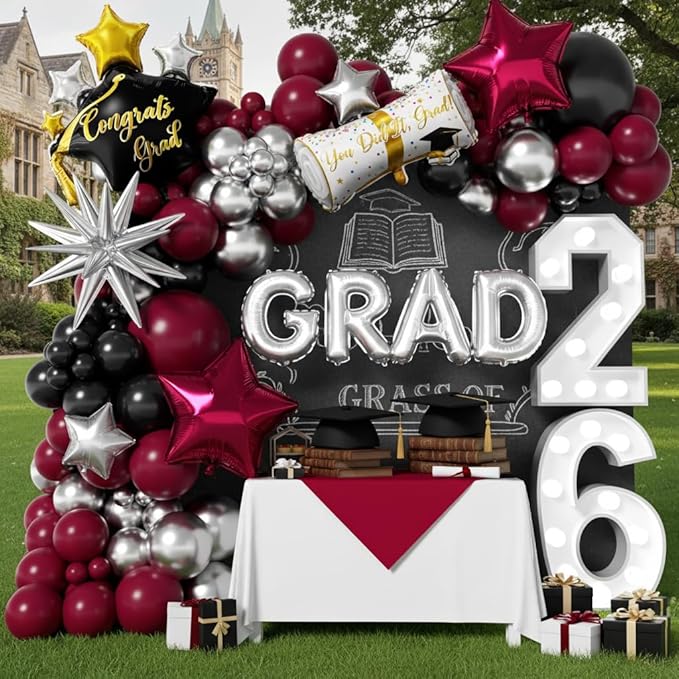 Graduation Balloons Garland Kit 153Pcs, Maroon Black Silver Balloon Arch Kit with GRAD Letters Grad Cap Diploma Balloon Burgundy Balloons Arch for Class of 2026 Graduation Birthday Party Decor