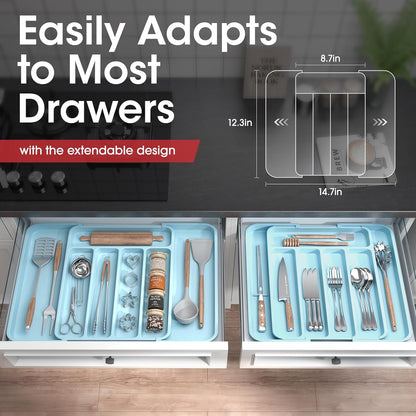 Aujen Silverware Organizer - Expandable Kitchen Drawer Organizer, Adjustable Utensil Organizer, Cutlery Tray for Forks, Knives, Multipurpose Kitchen Organizers and Storage Solution, Blue, Medium