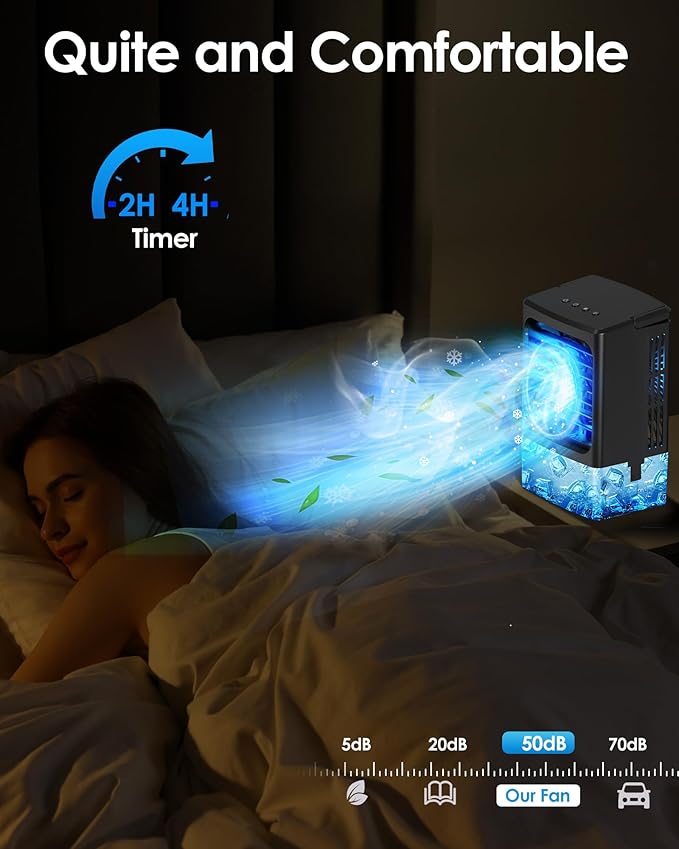 Mini Air Conditioner,Portable Air Conditioners,Evaporative Air Cooler Humidifier, 3 Speed Quiet Personal Cooling Fan, 7-Color LED Night Light, 4/8H Timer for Bedroom, Office, Camping, Room,Home