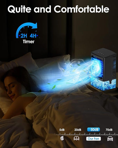 Mini Air Conditioner,Portable Air Conditioners,Evaporative Air Cooler Humidifier, 3 Speed Quiet Personal Cooling Fan, 7-Color LED Night Light, 4/8H Timer for Bedroom, Office, Camping, Room,Home