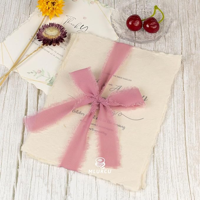 Rosy Mauve Chiffon Ribbon - 1 Inch x 21 Yards, Handmade Fringe, Silk, Boho Frayed, Gift Wrapping, Wedding Invitation, Bridal Flower Bouquets