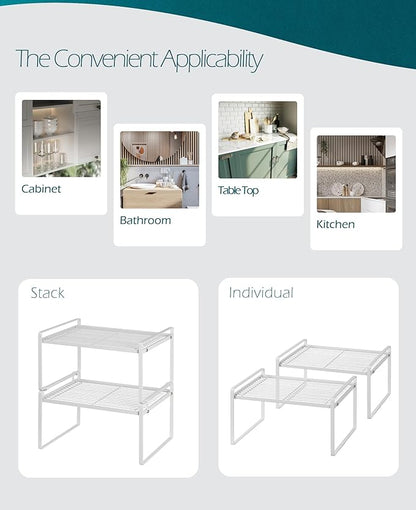 Shantton 2Pack Kitchen Cabinet Shelf Counter Organizer Rack Pantry Storage Bathroom Bedroom Office Table Desk Space Saving Stackable Rust Resistant Non Slip White Wide L13.1in W10.6in H7.3in