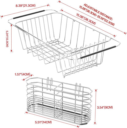 Small Dish Drainer Rack in Sink Adjustable, Expandable Stainless Steel Metal Dish Drying Rack Organizer with Stainless Steel Utensil Holder Over Inside Sink Counter, Rustproof(for 1-2 People)