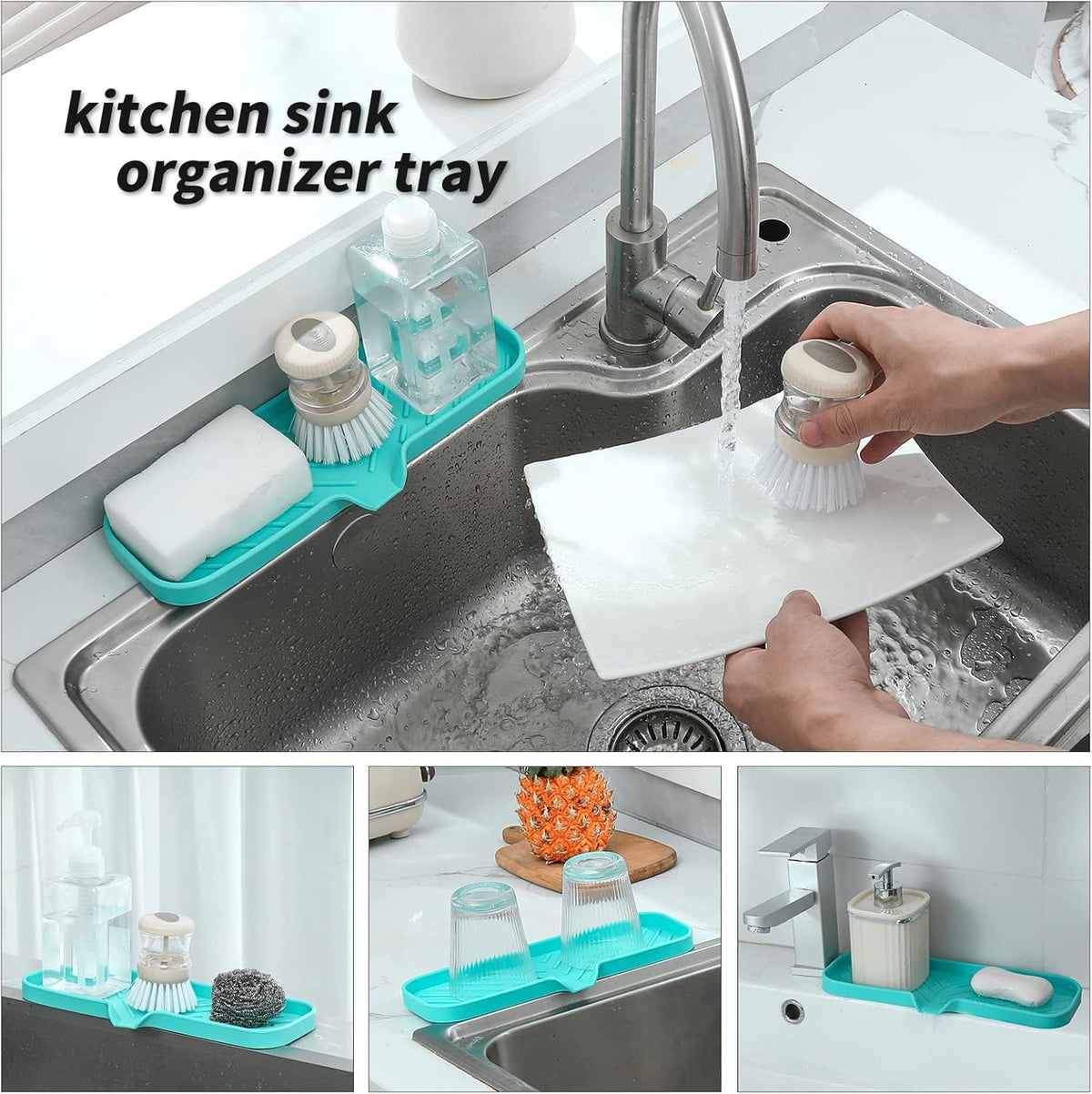 Silicone Bathroom Soap Dishes with Drain Spout-Bathroom and Kitchen Sink Organizer,Sponge Holder,Dish Soap Tray,Perfect for Dispenser,Scrubber,Bottle,Cup on Sink or Counter-Mint 12"×4"