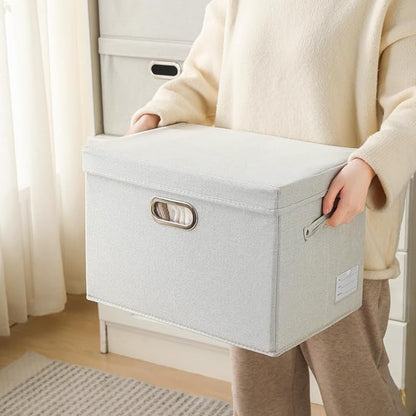 PRANDOM Collapsible Storage Bin with Lid [3-Pack] Fabric Foldable Storage Box Organizer Container Basket Cube with Cover for Home Bedroom Closet Office Beige(15.3x10x9.7)