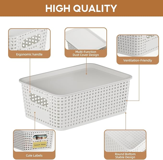 8 Pcs Plastic Storage Baskets with Lids, Stackable Storage Bins with Lids & Labels for Organizing, Small Storage Bins for shelves Office Drawer Cabinet & Pantry Nursery Organization,10.2*7.2*4.1In