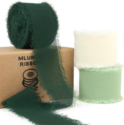 Green Chiffon Ribbon 1 Inch x 21Yds Handmade Fringe Chiffon Silk Ribbon Green & Cream Frayed Chiffon Ribbon for Wedding Invitation Flower Bouquets Gift Wrapping Bridal Shower Baby Shower