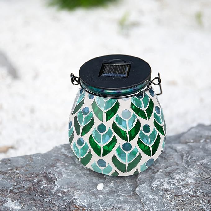 Afirst Mosaic Solar Lanterns Outdoor - Glass Hanging Solar Lights Hollow Out Waterproof Table Lamp Outdoor Decorative for Garden, Patio, Holiday Party Outdoor Decoration