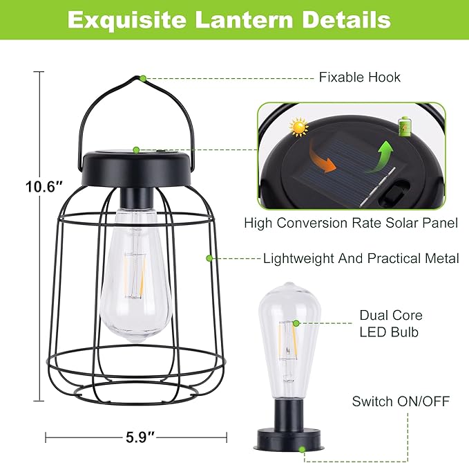 2 Pack Solar Lanterns Outdoor with LED Bulbs Hanging Lights for Outside Waterproof Solar Powered Lanterns for Table Patio Porch Graden and Pathway