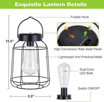 2 Pack Solar Lanterns Outdoor with LED Bulbs Hanging Lights for Outside Waterproof Solar Powered Lanterns for Table Patio Porch Graden and Pathway