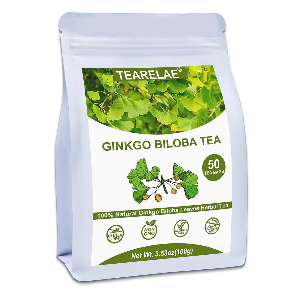 Tearelae - Ginkgo Biloba Tea Bags, 50 Count - 100% Pure Ginkgo Biloba Leaves - Non-GMO - Naturally Caffeine-free Herbal Tea