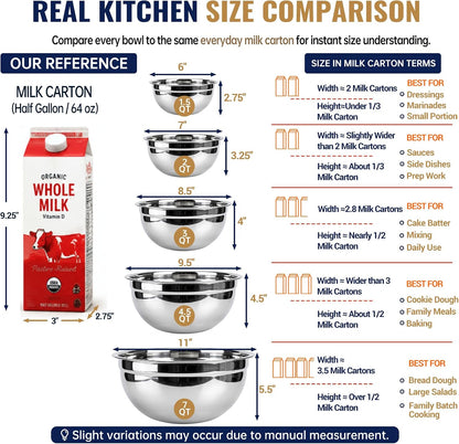 WEPSEN Mixing Bowls Set, 25PCS Khaki Mixing Bowls With Lids Set Stainless Steel Kitchen Large Nesting Metal Bowl 7QT to 1.5QT, Measuring Cups and Spoons for Prepping Cooking Serving