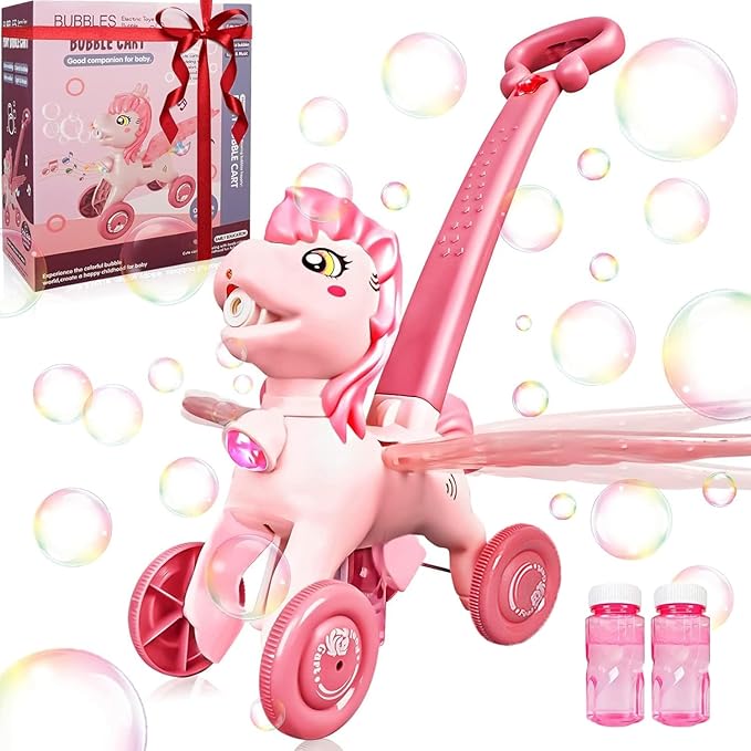 Pink Bubble Machine Blower Maker Lawn Mower Walking Toy Christmas Basket Stuffers Outdoor Summer Girls Kids Toddler 1st Birthday Best Gift for 1 2 3 Year Old Unique Cute Valentines Day Unicorn Gifts