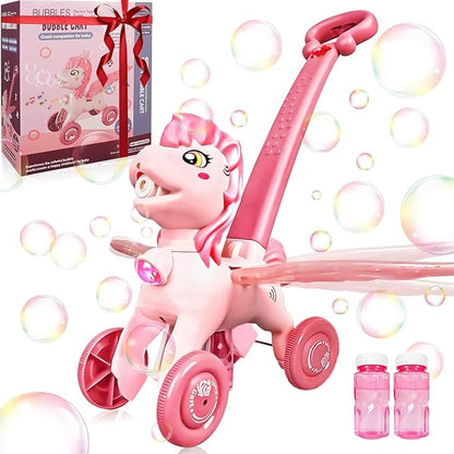 Pink Bubble Machine Blower Maker Lawn Mower Walking Toy Christmas Basket Stuffers Outdoor Summer Girls Kids Toddler 1st Birthday Best Gift for 1 2 3 Year Old Unique Cute Valentines Day Unicorn Gifts