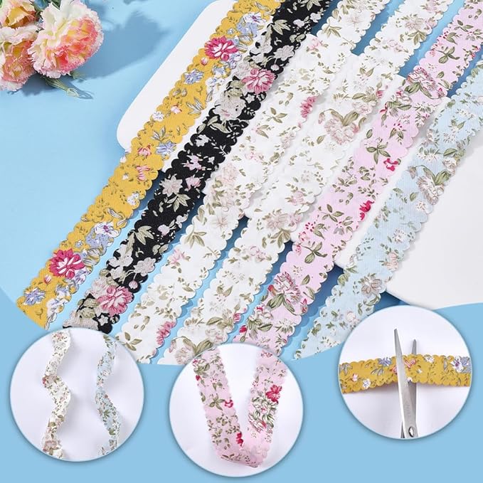 6 Colors 12 Yards 1 Inch Flower Print Ribbon Spring Summer Floral Fabric Wavy Edge Vintage Rose Printed Polyester Bouquet Flowers Ribbons for Gift Wrapping Bow Wreath Sewing Diy Craft Supply