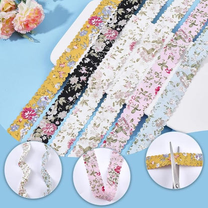 6 Colors 12 Yards 1 Inch Flower Print Ribbon Spring Summer Floral Fabric Wavy Edge Vintage Rose Printed Polyester Bouquet Flowers Ribbons for Gift Wrapping Bow Wreath Sewing Diy Craft Supply