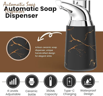 Automatic Liquid Soap Dispenser Touchless:350ML Ceramic Material -4 Level Adjustable Hand & Dish Electric Dispenser,Waterproof Type-c Rechargeable Auto Soap Pump for Bathroom,Kitchen