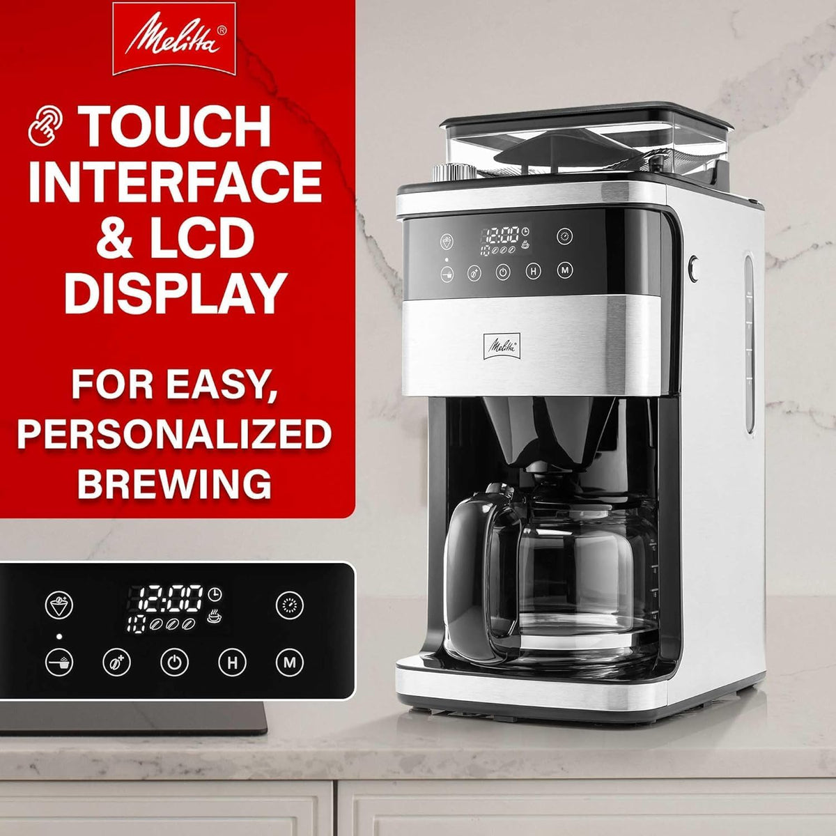 Melitta® Aroma Fresh™ Plus 10-Cup Automatic Drip, Programmable Coffee Maker with built in Burr Coffee Grinder, 5-Pack Coffee Filters included