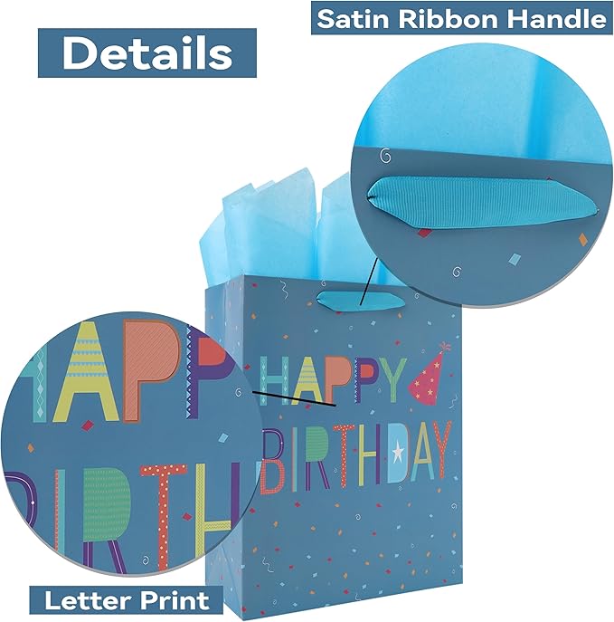 Qirrmiy 13” Large Happy Birthday Gift Bag Set with Handles, Greeting Card, Blue Tissue Papers and Stickers for Boys Teens for Baby, Kids‘ Birthday Party, Newborn, Cute Design, 1 Pcs
