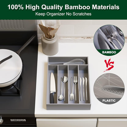 Bellsal Grey Utensil Organizer 10 Inch Silverware Tray for Drawer Utensil Holder Cutlery Organizer Kitchen Drawer Organizer 5 Compartment Small Narrow Bamboo