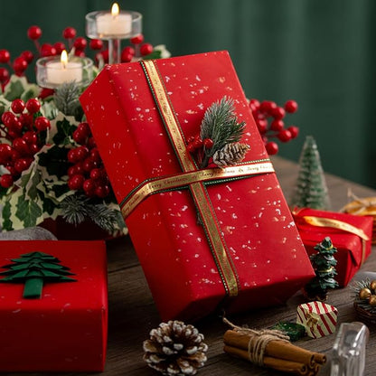 MAYPLUSS Gift Wrapping Paper Roll - 17Inch x 16.5Feet - Elegant Red Gold Foil Design Shiny Flakes Silky Touch Thick Matte Gift Wrap Paper for Christmas, Wedding, Birthday, Holiday,Celebrations