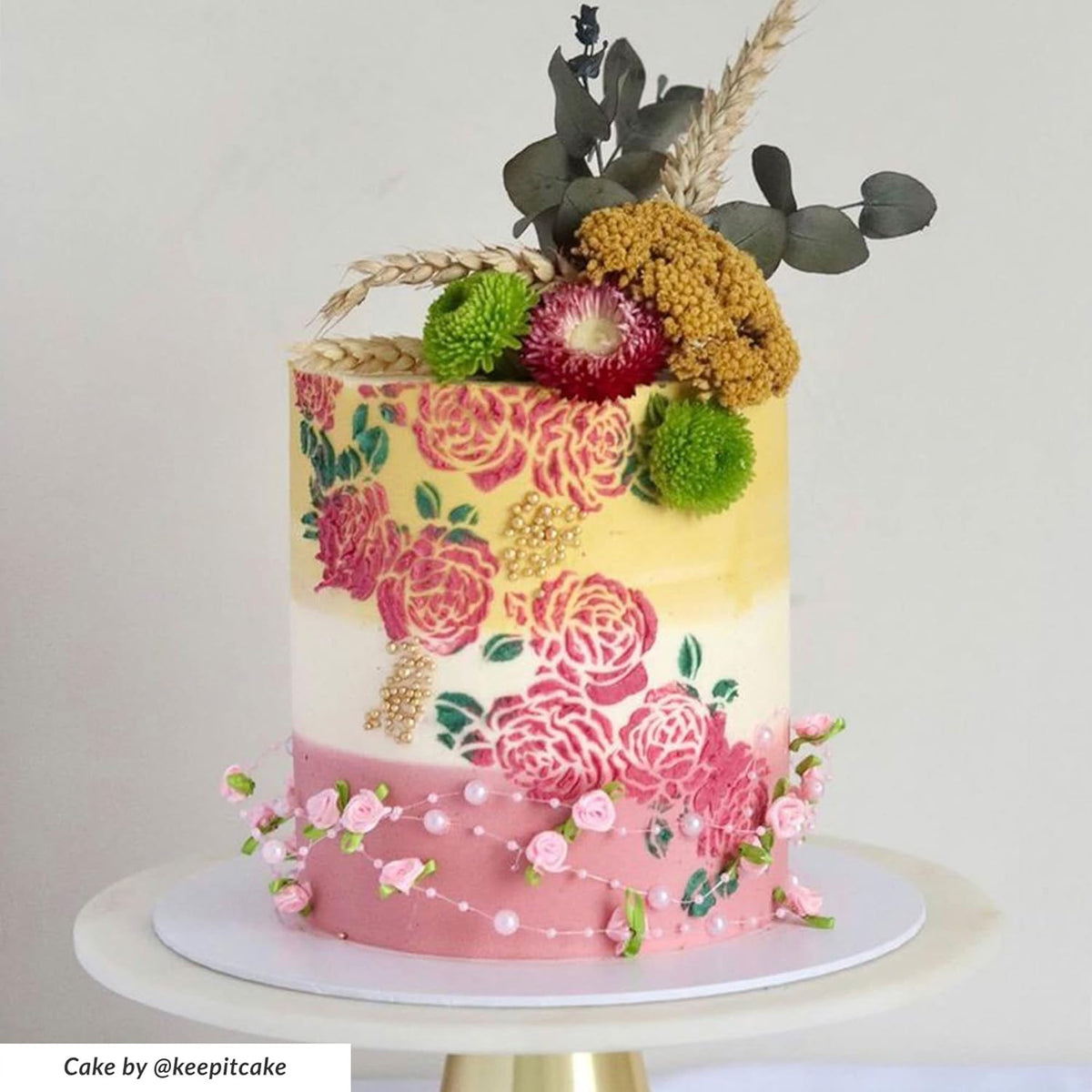 Rose Cake Stencil - Seamless Delicate Pattern for Decorating Tall Double Barrel Cake to Use with Buttercream, Royal Icing, Ganache, Paint