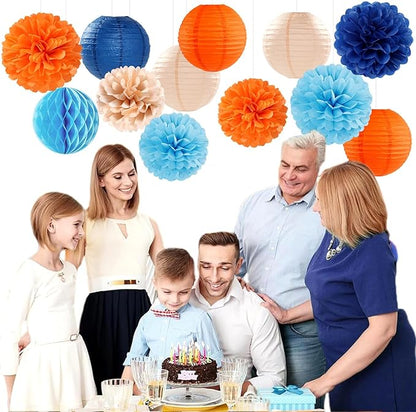 Navy-Blue Orange Champagne Party-Decorations Paper-Flowers - 15pcs Fall Birthday Baby Bridal Shower Tissue Pom Poms Lanterns Streamers Honeycomb, Wedding Bachelorette Hanging Supplies Decor Hugfond