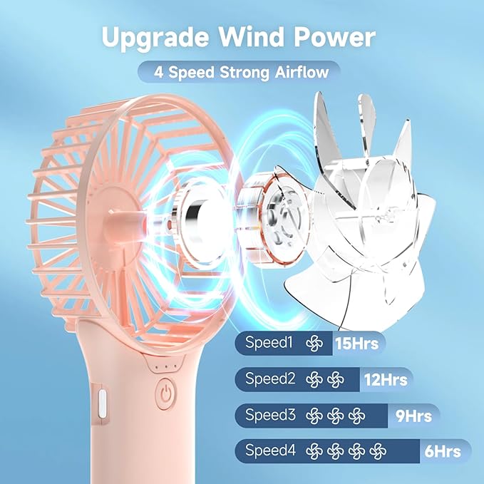 QQT Mini Handheld Fan,4 Speed Adjustable Portable Battery Operated Fans,USB Rechargeable Desk Fan with Mirror,Max 20 Hrs Hand Fan For Travel Office Outdoor Women Men (Pink)