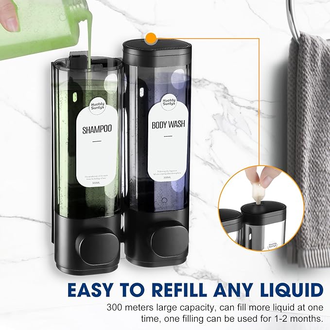2-Chamber Shampoo and Conditioner Dispenser Shower Soap Dispenser 2 Chamber No Drill,Shower Soap Dispenser Wall Mounted, HUOTDY SUNTYS Body Wash Dispenser Set for Bathroom Toilet Hotel Kitchen (BLACK)