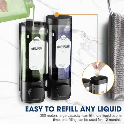 2-Chamber Shampoo and Conditioner Dispenser Shower Soap Dispenser 2 Chamber No Drill,Shower Soap Dispenser Wall Mounted, HUOTDY SUNTYS Body Wash Dispenser Set for Bathroom Toilet Hotel Kitchen (BLACK)