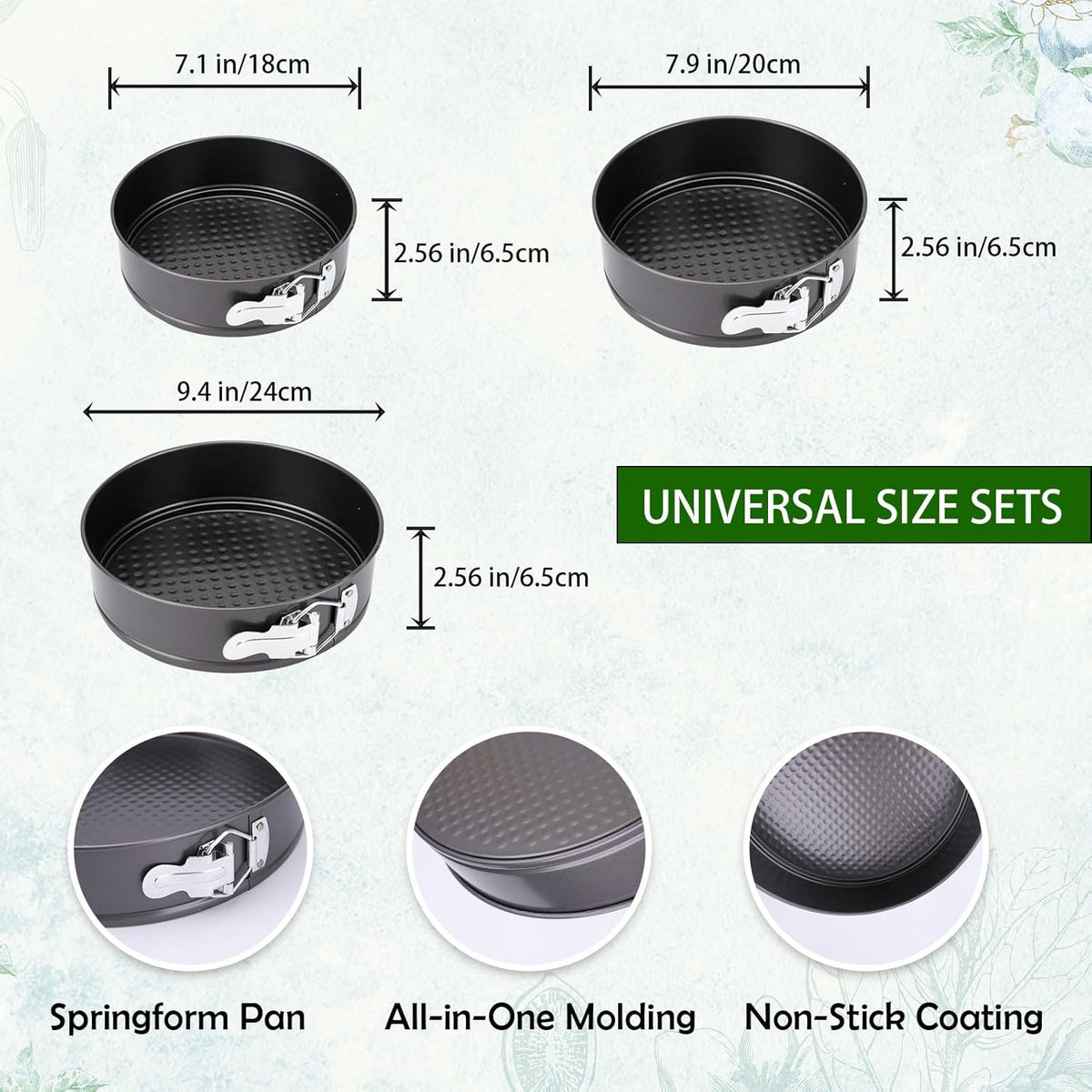 Springform Pan, Nonstick Cake Pan, Round cheesecake pan with leak-proof non-stick bottom removable bakeware.3 pieces 3 sizes, 7" 8" 9" for Cakes