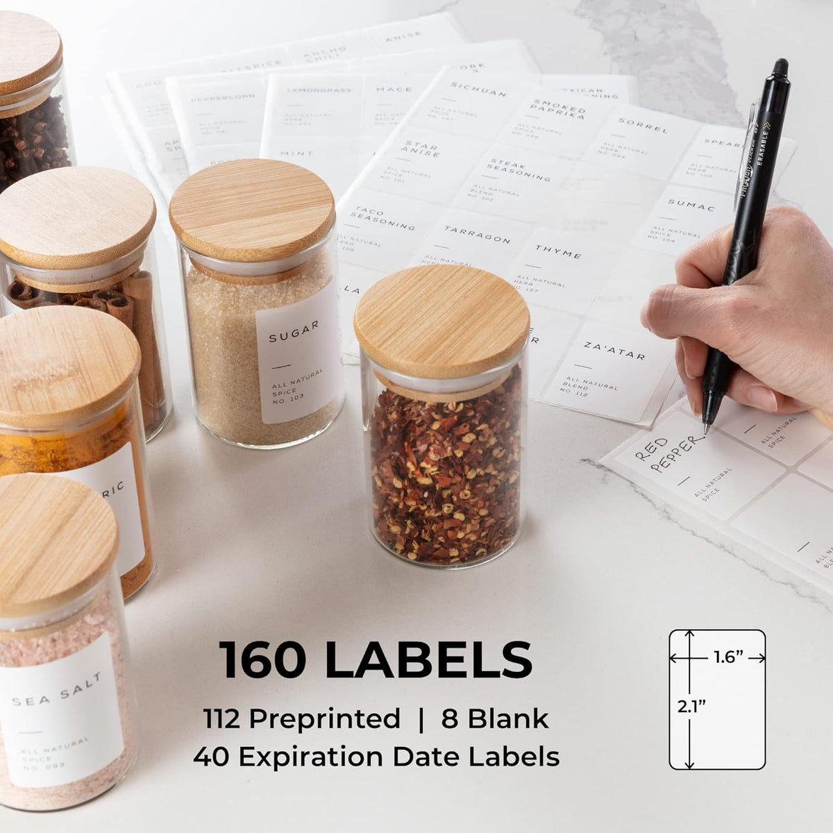 Empty Spice Jars with Label Pack (12x Bamboo Lid Glass Jar). Small 6oz Spice Storage Bottles with 112 Printed Stickers and 48 Writable Pantry Labels