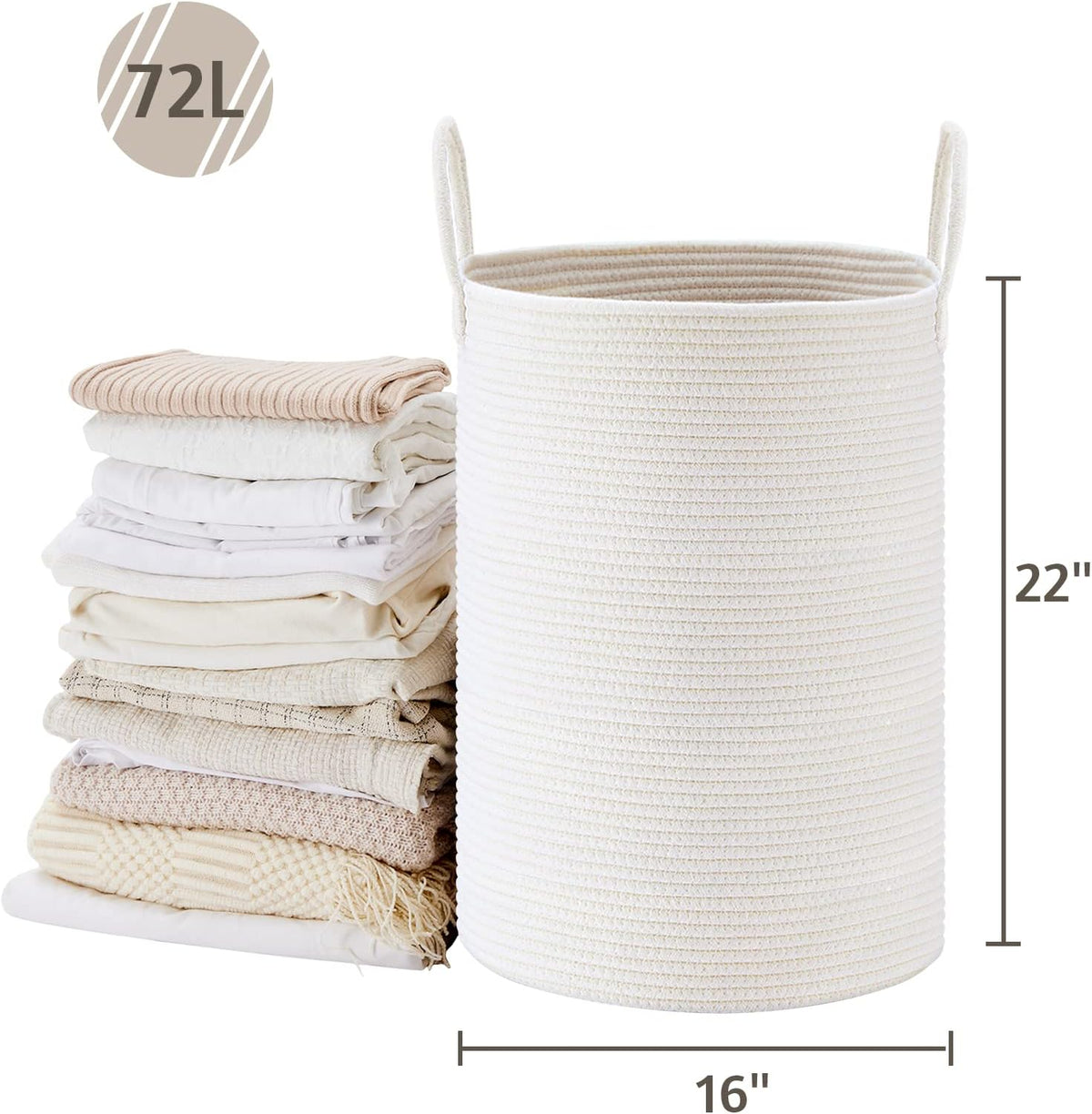 VIPOSCO Large Laundry Hamper, Tall Woven Rope Storage Basket for Blanket, Toys, Dirty Clothes in Living Room, Bathroom, Bedroom - 72L White