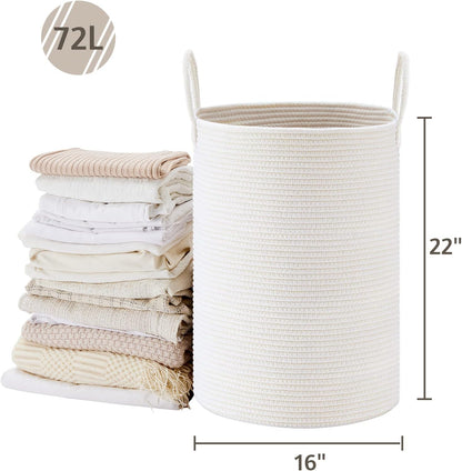 VIPOSCO Large Laundry Hamper, Tall Woven Rope Storage Basket for Blanket, Toys, Dirty Clothes in Living Room, Bathroom, Bedroom - 72L White