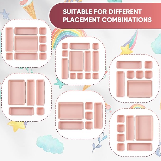 32 Pcs Desk Drawer Organizer Office Organization Tray Versatile Vanity Organizer with Nonslip Pads Makeup for Divider Drawer Storage Box Container for Kitchen Bedroom(Pink)