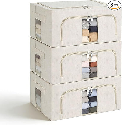 Amiya Clothes Storage Bins with Metal Frame,3-Pack Foldable Linen Fabric Storage Box with Lids, Stackable Organization and Storage Bins with Clear Window,Zippers,Handles(Beige,24L)