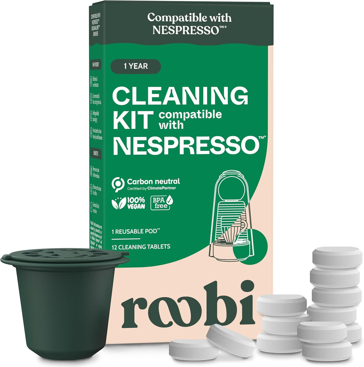 Roobi Cleaning Pods Compatible with Nespresso. Includes 1 Reusable Pod & 12 Cleaning Tablets. Specially Formulated for Originaline Machines