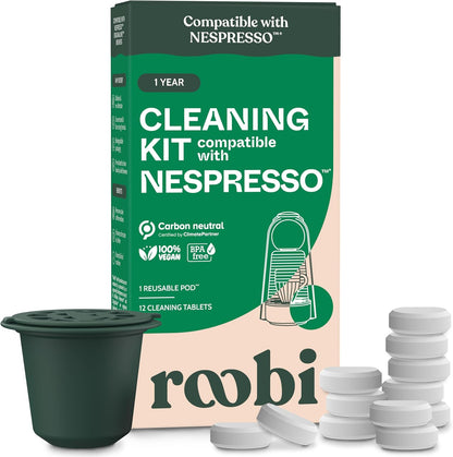 Roobi Cleaning Pods Compatible with Nespresso. Includes 1 Reusable Pod & 12 Cleaning Tablets. Specially Formulated for Originaline Machines