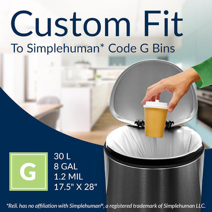 Reli. SuperFit Code G (120 Count) | Compatible with Simplehuman Code G | Dispenser Pack Custom Fit Liners | Drawstring Trash Bags | 30 Liter / 8 Gallon | White